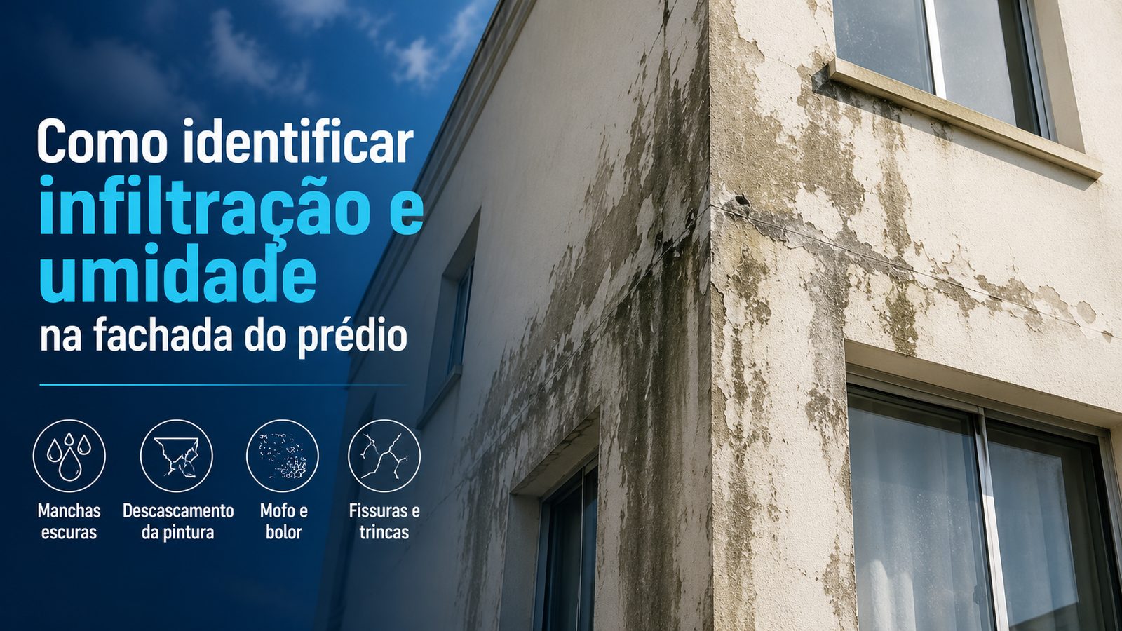 Fachada predial com sinais de infiltração antes da restauração