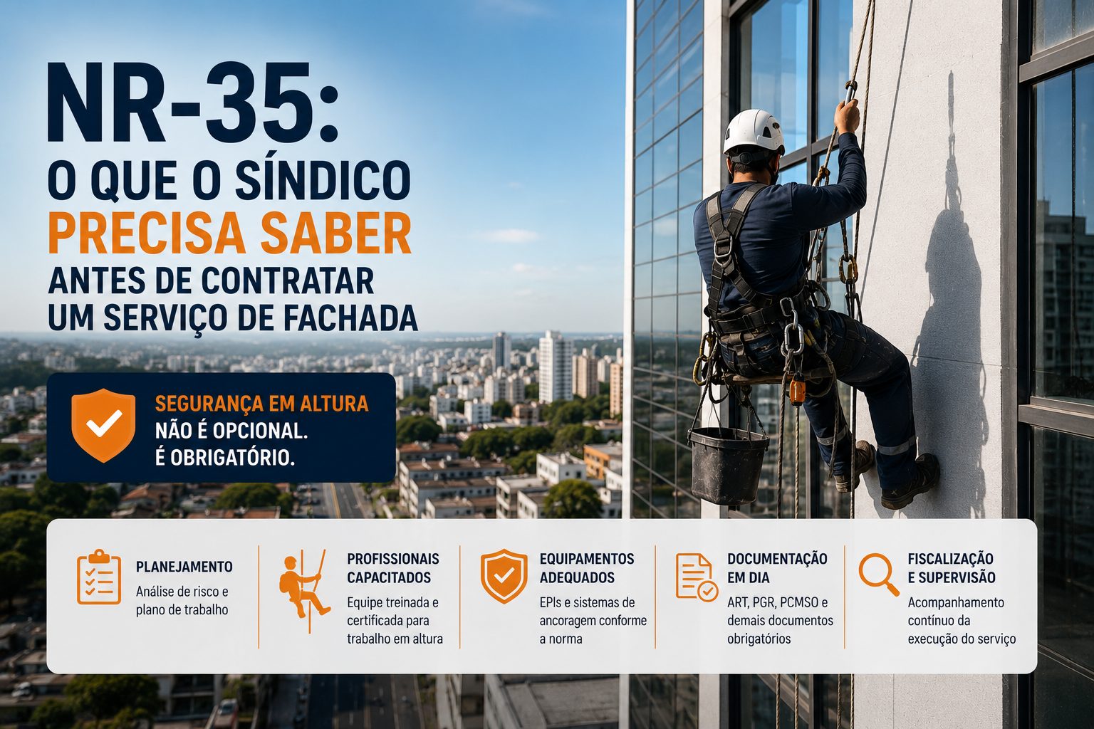 Equipe certificada NR-35 trabalhando em fachada predial
