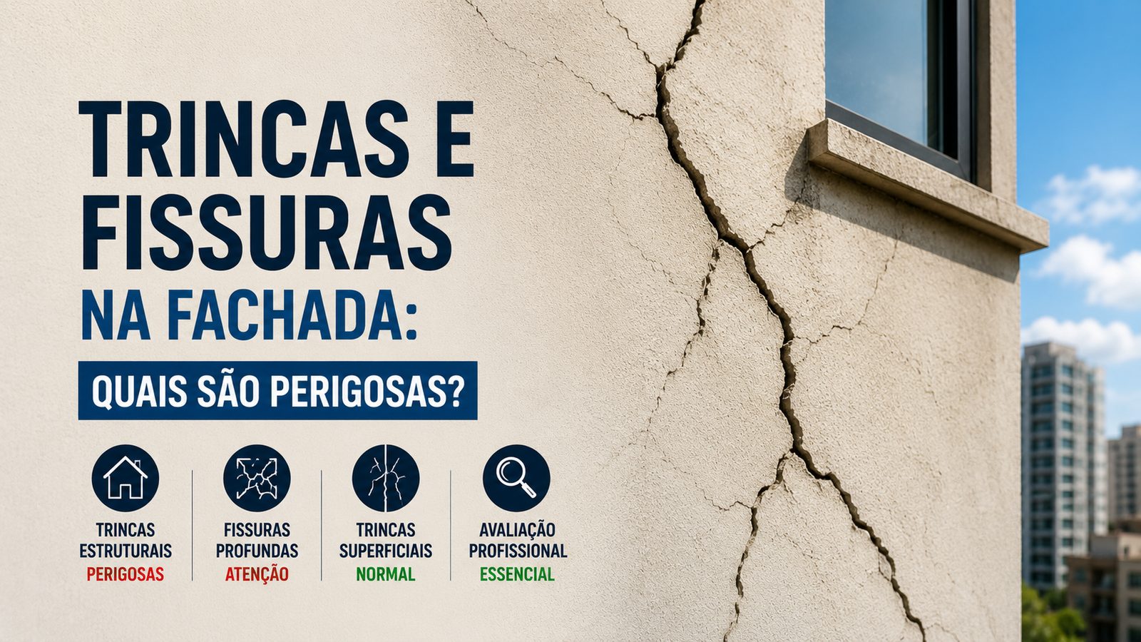 Fachada predial em processo de restauração de trincas e fissuras